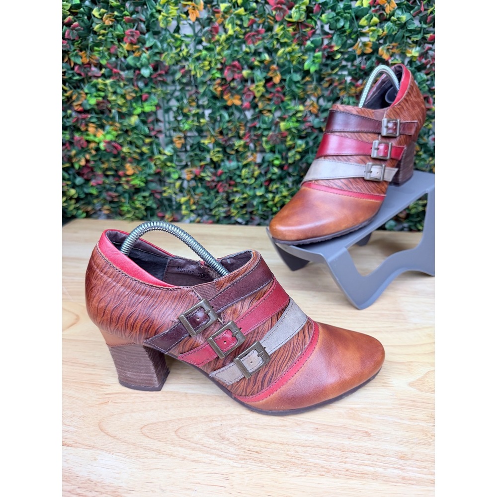 Spring Step L Artiste Muqut Brown Multi Leather Triple Buckle Booties Womens 39